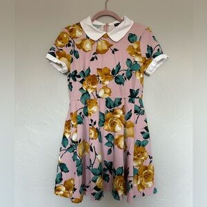 Pink and Gold Fit and Flare Mini Dress with Peter Pan Collar With Pockets